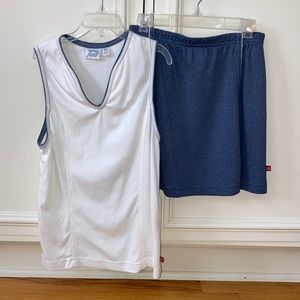 Tennis/pickle ball set with white top and denim look skirt. Tail
